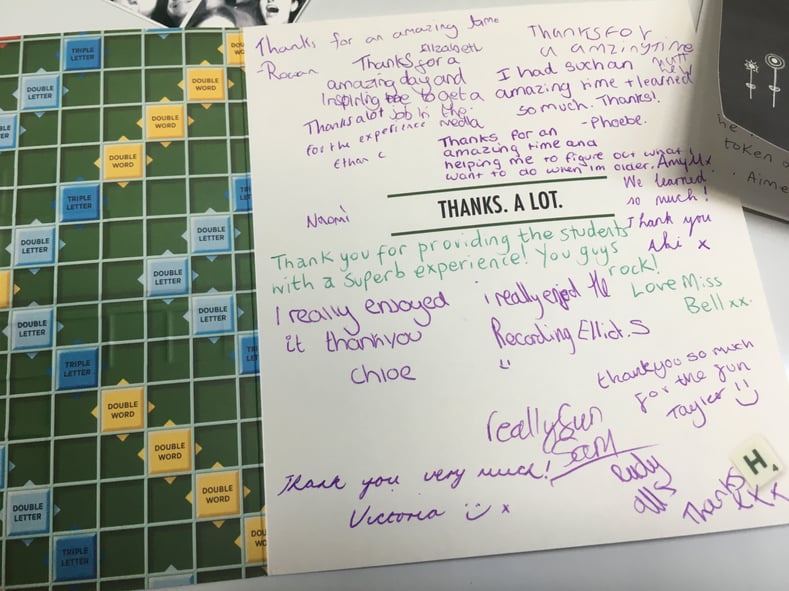 Our thank you card from the Toot Hill media studies class.