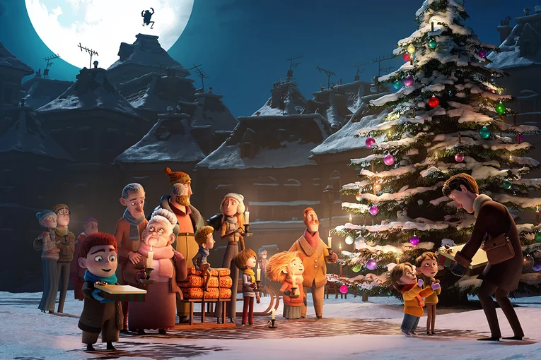 Animated townspeople with happy faces gather around a christmas tree with candles