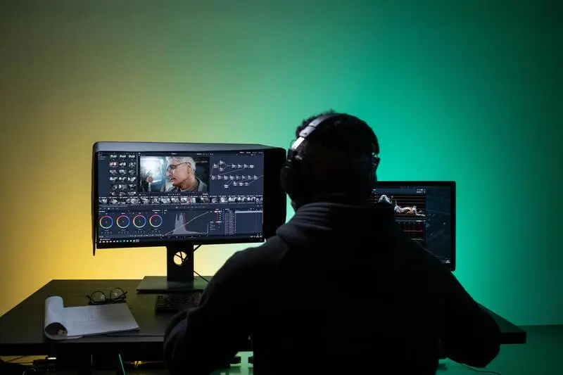 A man sat in front of a computer monitor editing a corporate video