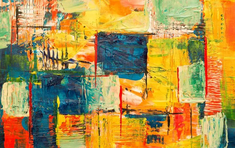 Abstract painting depicting block colours of blue, yellow, green and orange
